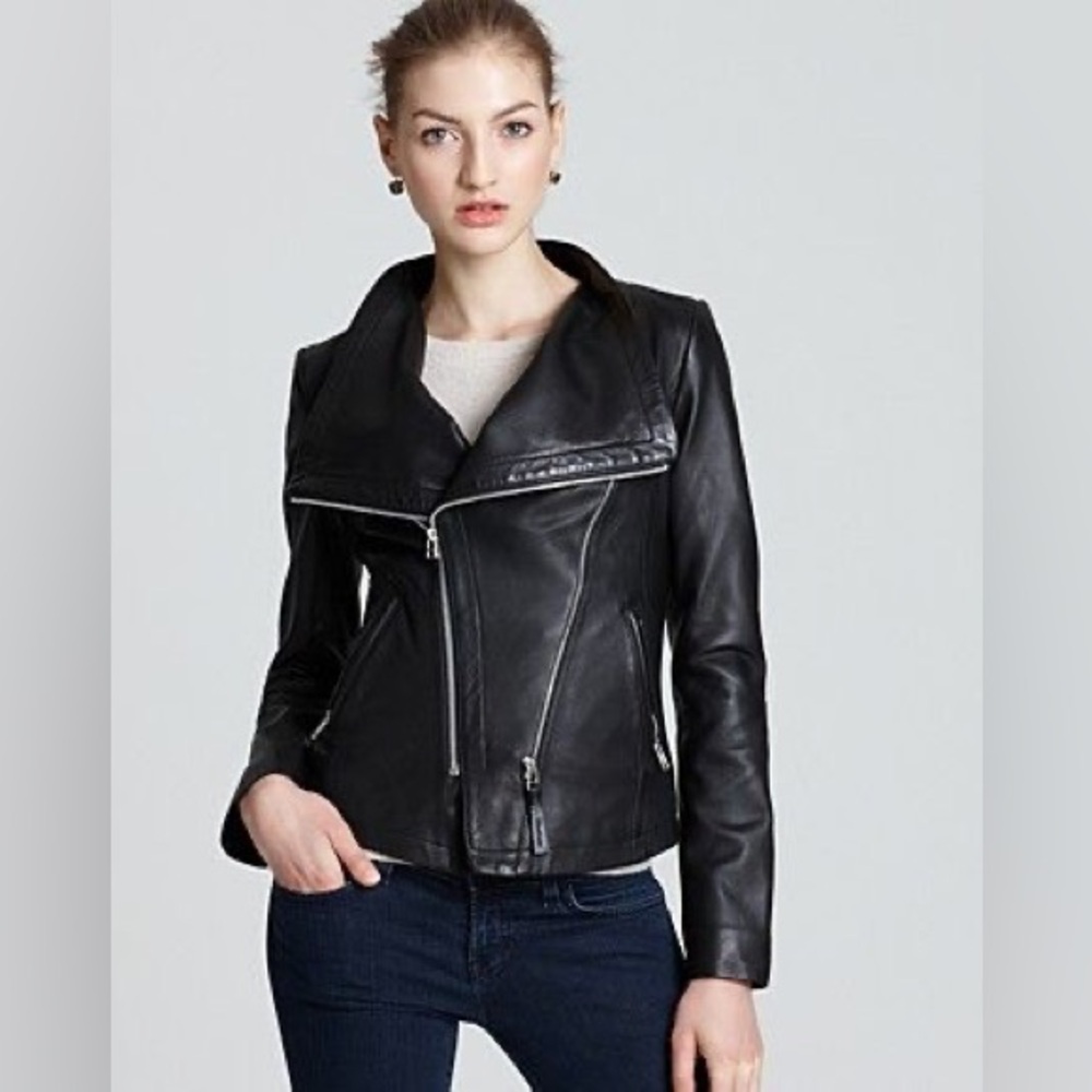 Mackage Robbie Black Leather Jacket Moto Assymetrical Zipper Aritzia